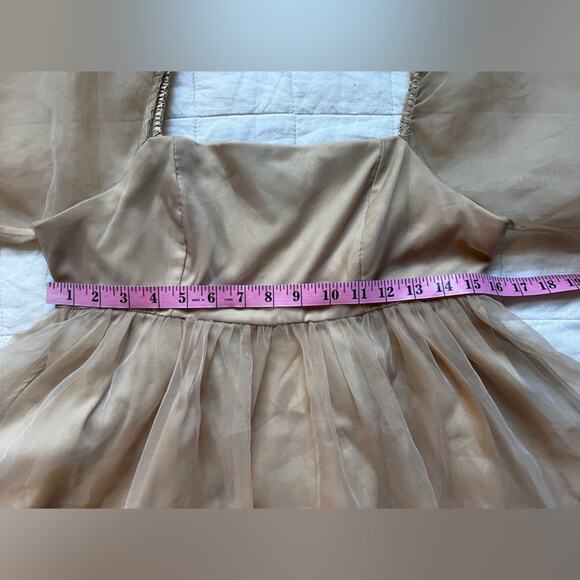TCEC Tan / Champaign Chiffon Babydoll Mini Dress Ethereal Cottagecore Fairy -Med - Picture 8 of 10